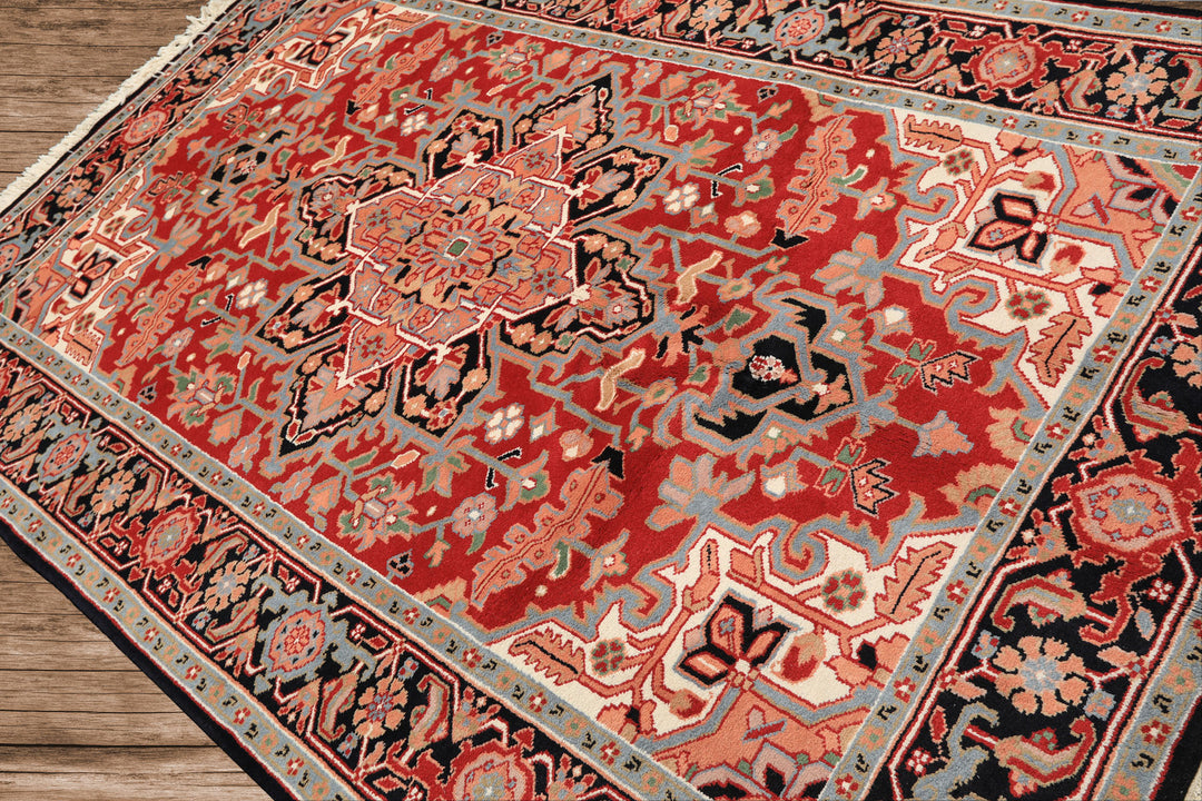 6x9 Red, Aqua, Blush Color Hand Knotted Indo Heriz Wool Traditional Oriental Rug