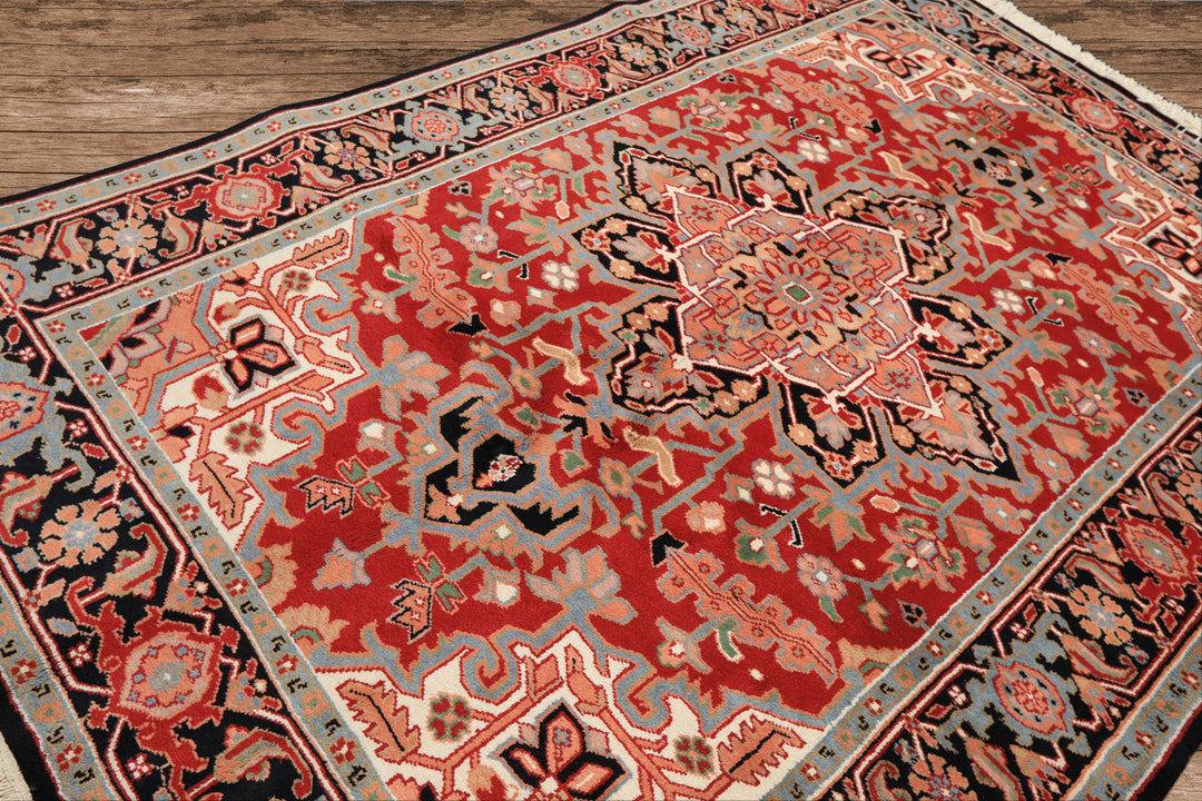 6x9 Red, Aqua, Blush Color Hand Knotted Indo Heriz Wool Traditional Oriental Rug