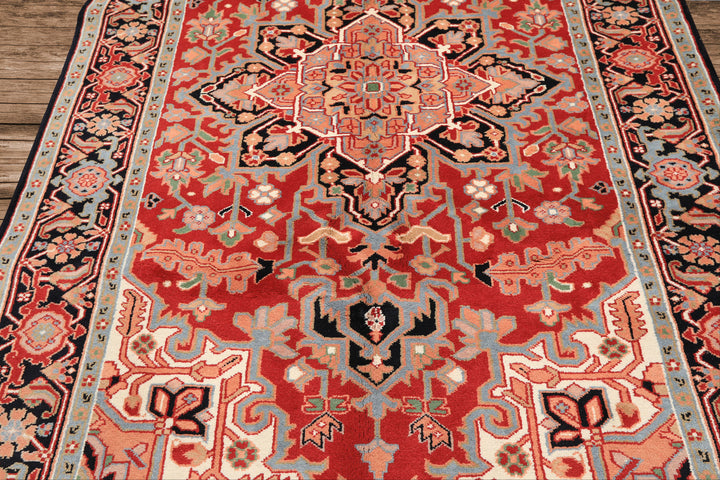 6x9 Red, Aqua, Blush Color Hand Knotted Indo Heriz Wool Traditional Oriental Rug