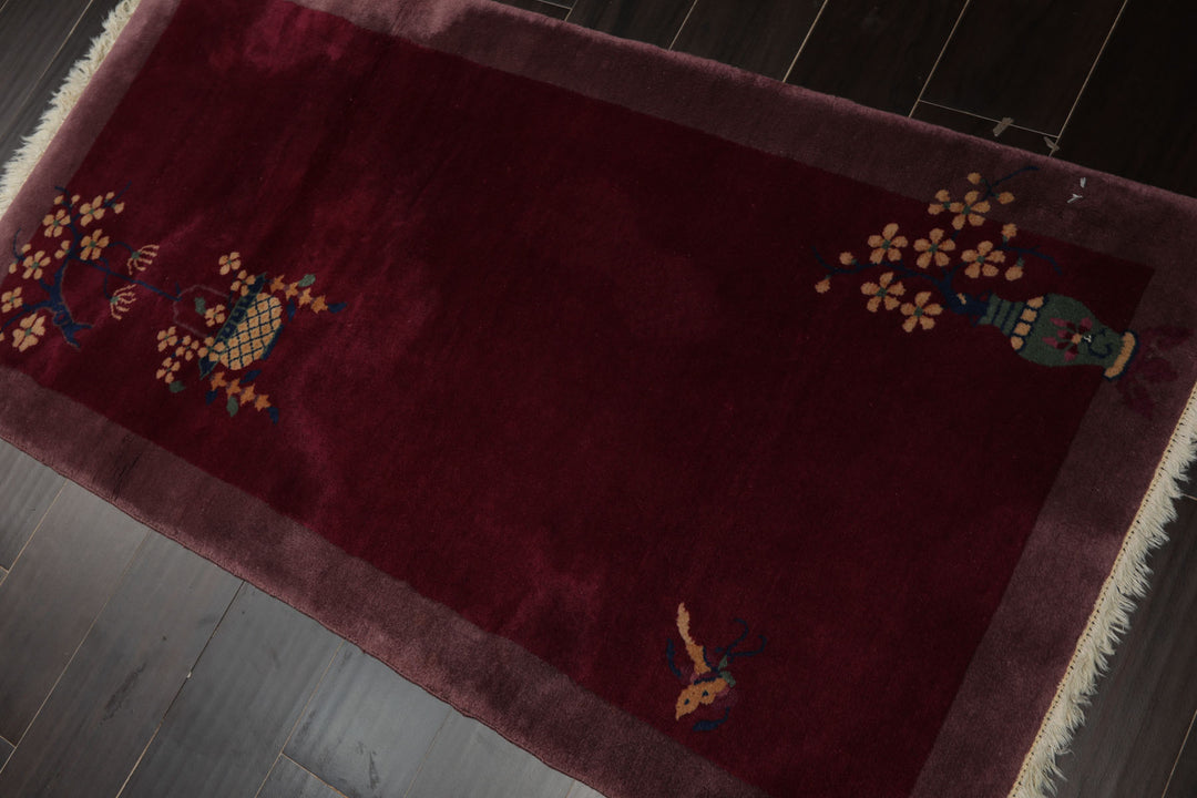 3x5 Plum, Taupe, Beige Color Hand Knotted Antique Chinese Art Deco Wool Pictorial Oriental Rug