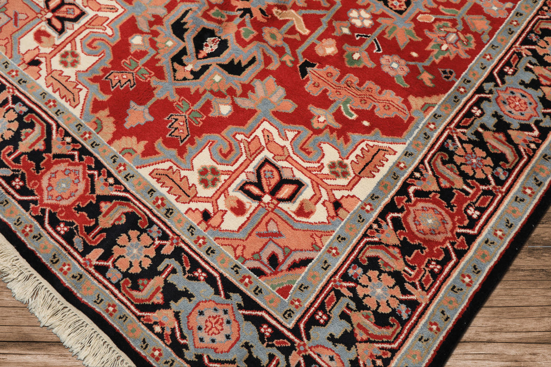 6x9 Red, Aqua, Blush Color Hand Knotted Indo Heriz Wool Traditional Oriental Rug