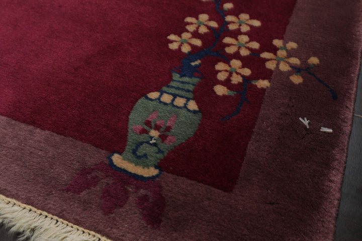 3x5 Plum, Taupe, Beige Color Hand Knotted Antique Chinese Art Deco Wool Pictorial Oriental Rug