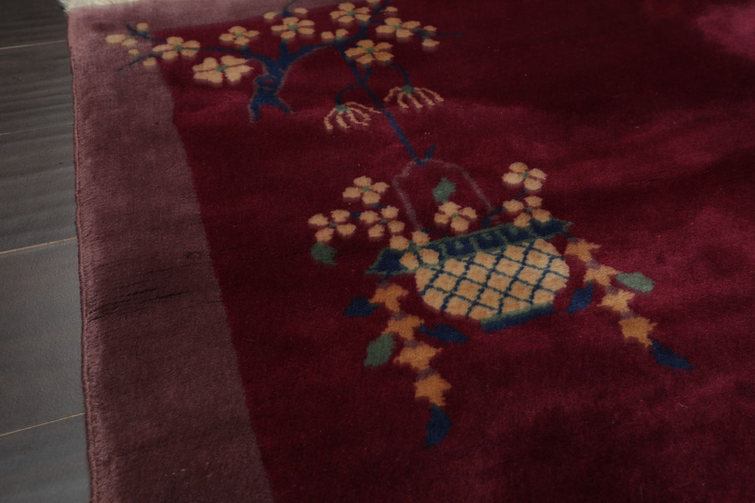 3x5 Plum, Taupe, Beige Color Hand Knotted Antique Chinese Art Deco Wool Pictorial Oriental Rug