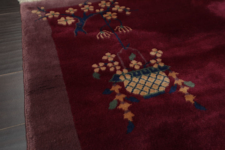 3x5 Plum, Taupe, Beige Color Hand Knotted Antique Chinese Art Deco Wool Pictorial Oriental Rug