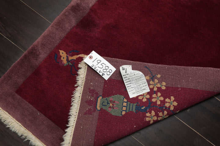 3x5 Plum, Taupe, Beige Color Hand Knotted Antique Chinese Art Deco Wool Pictorial Oriental Rug