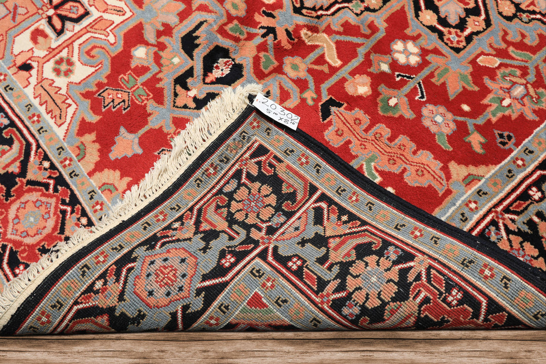 6x9 Red, Aqua, Blush Color Hand Knotted Indo Heriz Wool Traditional Oriental Rug