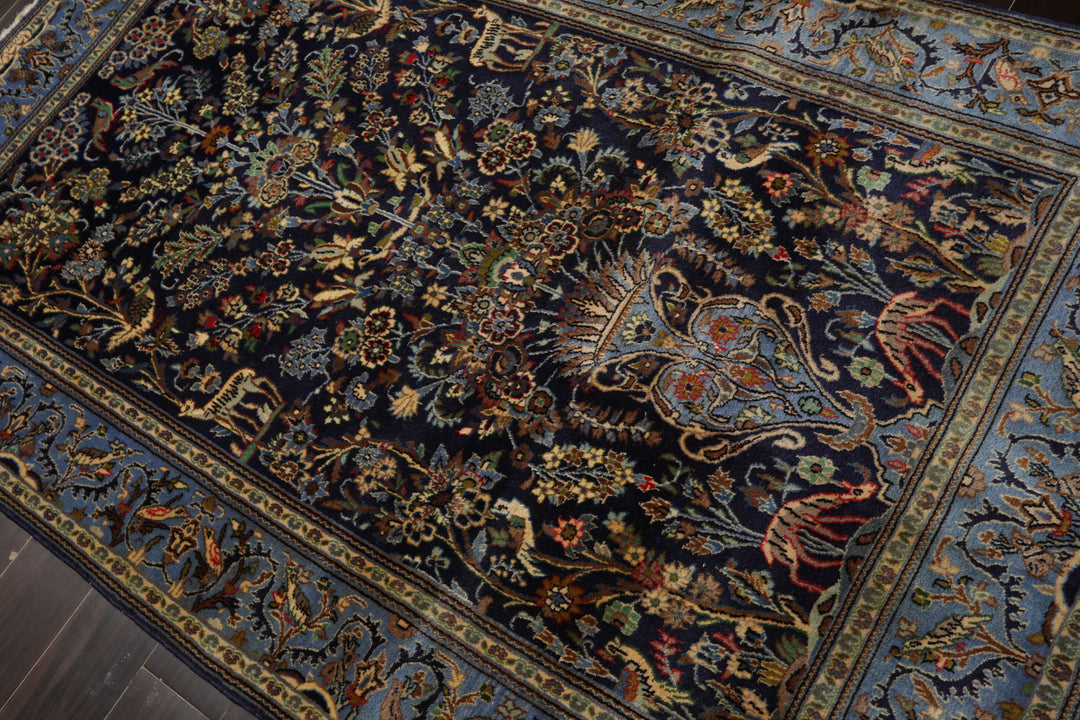 4x7 Navy, Ivory, blue Color Hand Knotted Kashan Wool Traditional Oriental Rug