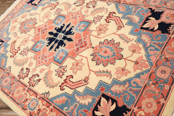 6x9 Ivory, Rose, Navy Color Hand Knotted Romanian Serapi Wool Traditional Oriental Rug