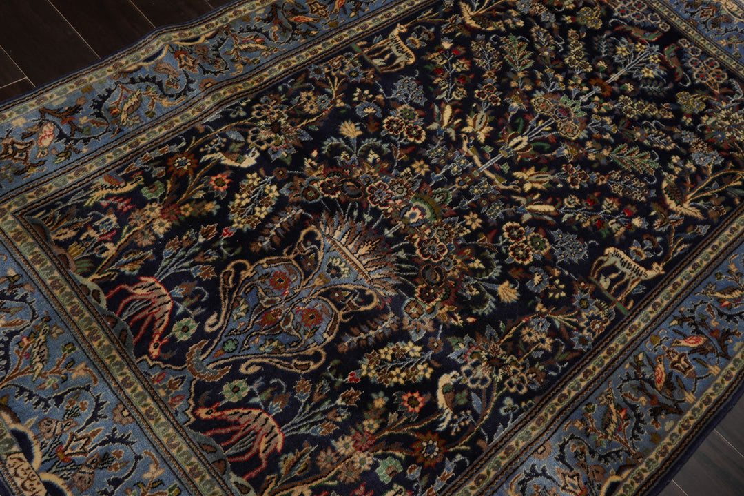4x7 Navy, Ivory, blue Color Hand Knotted Kashan Wool Traditional Oriental Rug