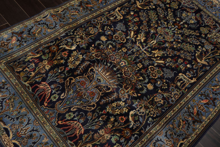 4x7 Navy, Ivory, blue Color Hand Knotted Kashan Wool Traditional Oriental Rug