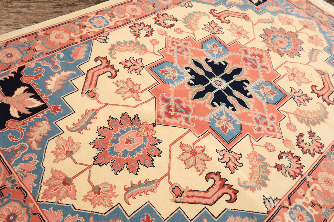 6x9 Ivory, Rose, Navy Color Hand Knotted Romanian Serapi Wool Traditional Oriental Rug