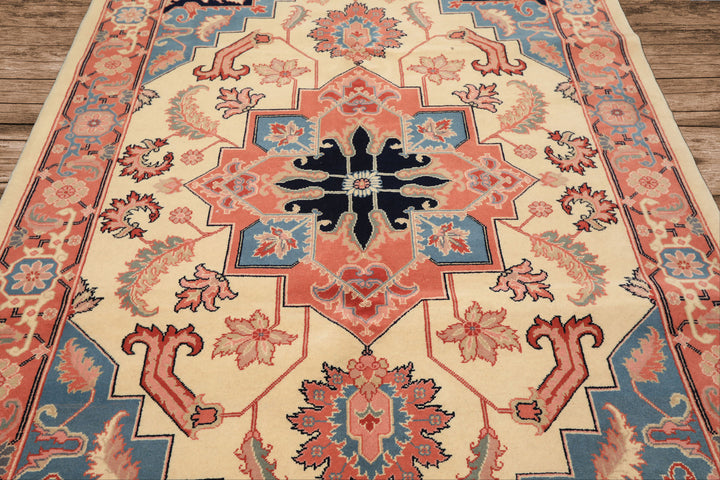 6x9 Ivory, Rose, Navy Color Hand Knotted Romanian Serapi Wool Traditional Oriental Rug