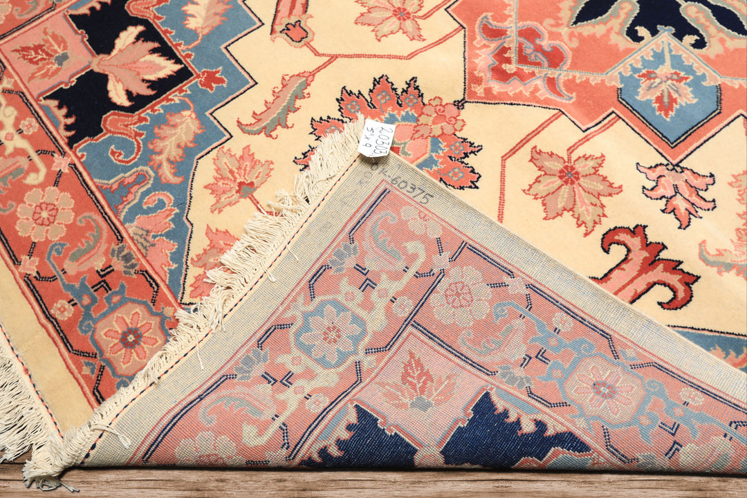 6x9 Ivory, Rose, Navy Color Hand Knotted Romanian Serapi Wool Traditional Oriental Rug