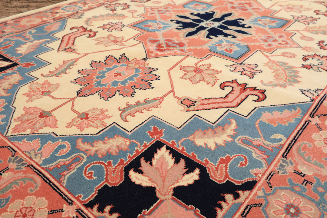 6x9 Ivory, Rose, Navy Color Hand Knotted Romanian Serapi Wool Traditional Oriental Rug