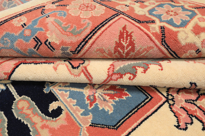 6x9 Ivory, Rose, Navy Color Hand Knotted Romanian Serapi Wool Traditional Oriental Rug