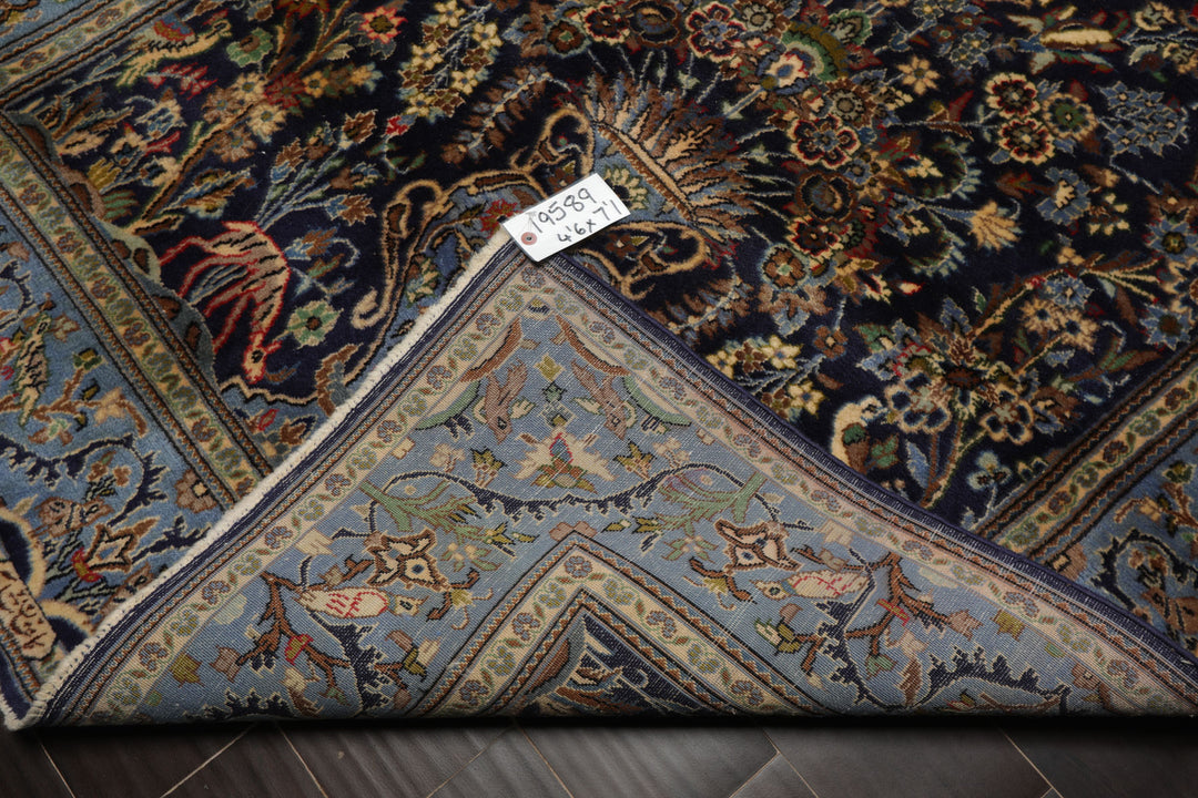 4x7 Navy, Ivory, blue Color Hand Knotted Kashan Wool Traditional Oriental Rug