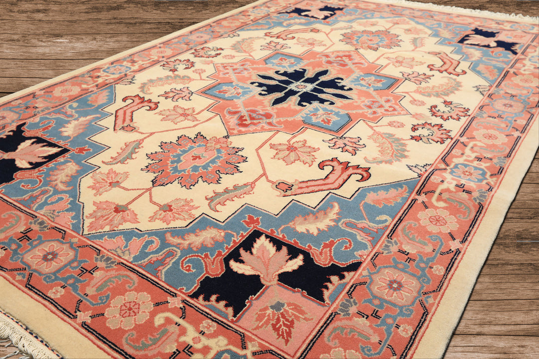 6x9 Ivory, Rose, Navy Color Hand Knotted Romanian Serapi Wool Traditional Oriental Rug
