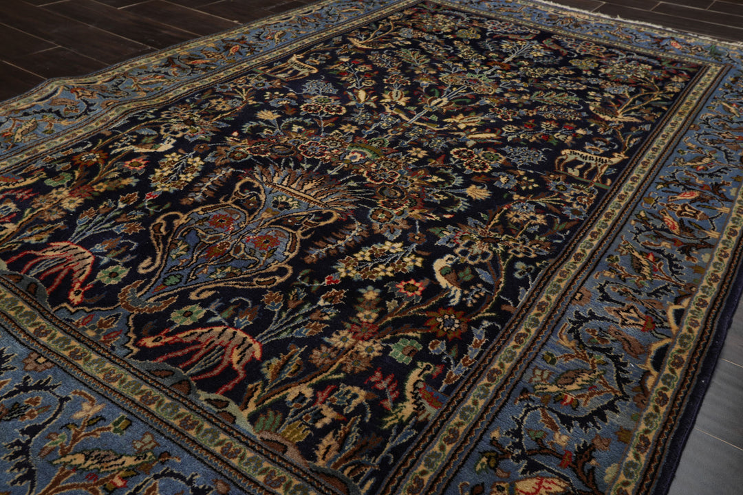 4x7 Navy, Ivory, blue Color Hand Knotted Kashan Wool Traditional Oriental Rug