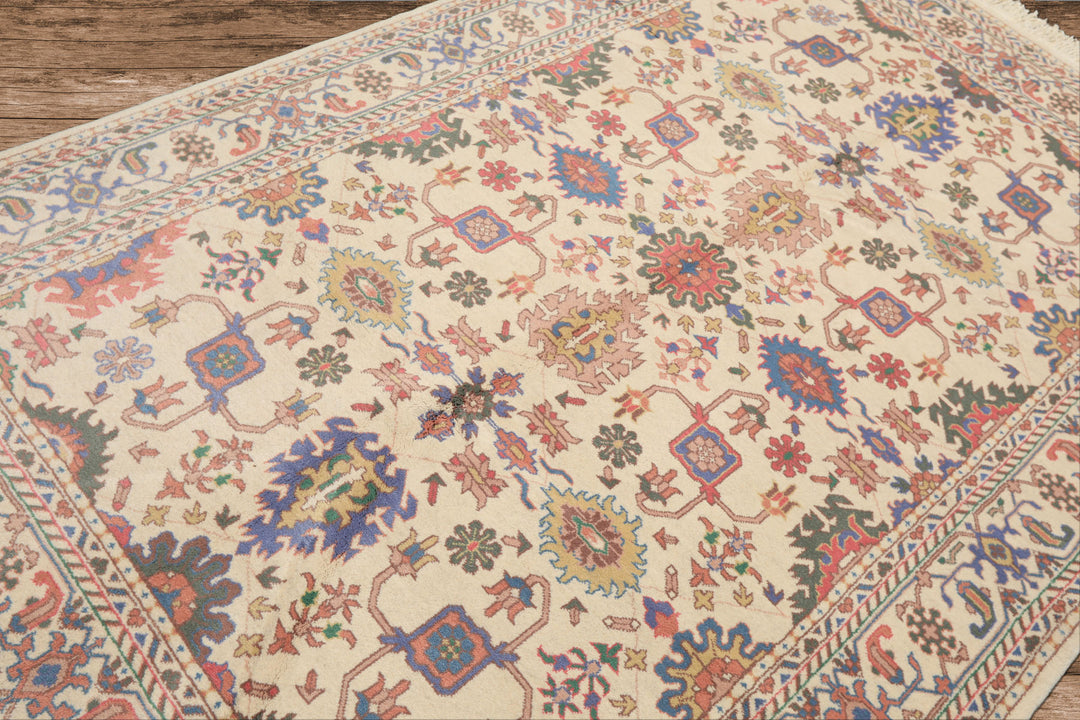 5x8 Ivory, Aqua, Lime Color Hand Knotted Oushak Wool Arts & Crafts Oriental Rug