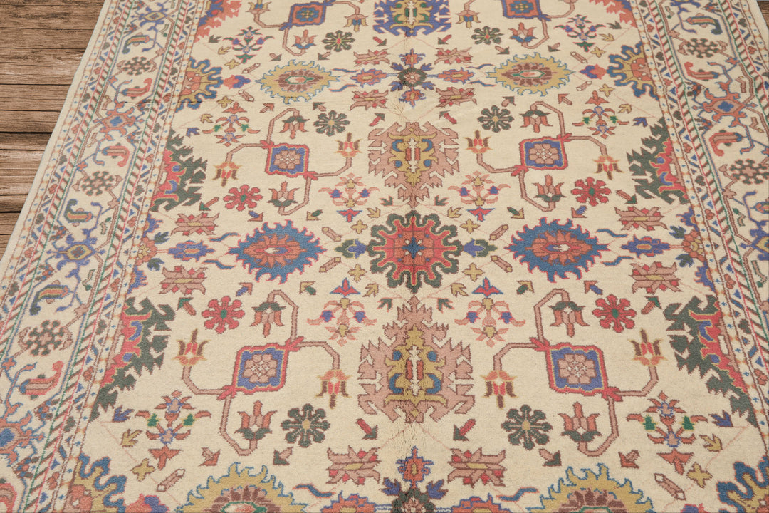 5x8 Ivory, Aqua, Lime Color Hand Knotted Oushak Wool Arts & Crafts Oriental Rug