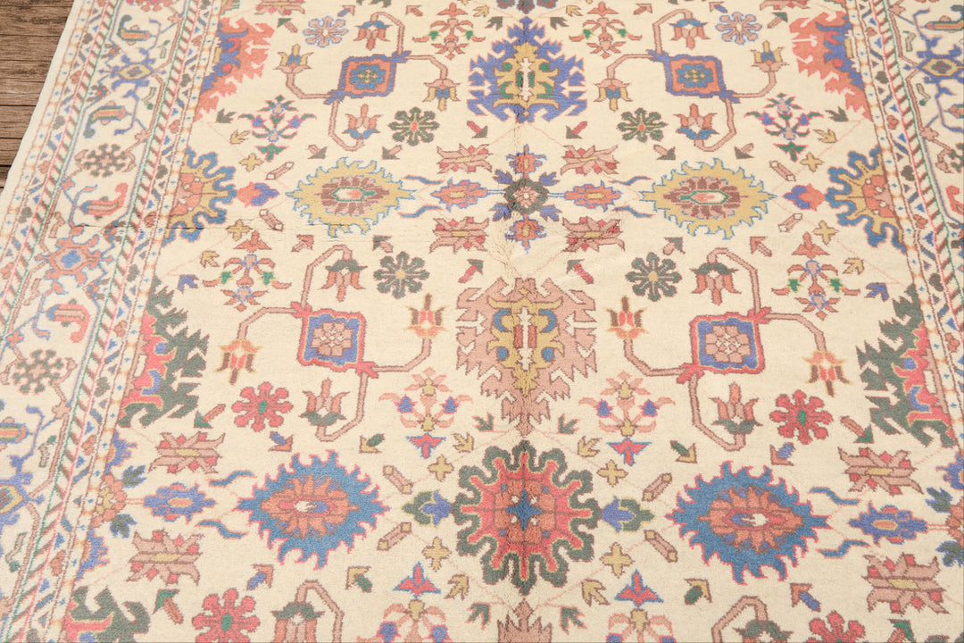 5x8 Ivory, Aqua, Lime Color Hand Knotted Oushak Wool Arts & Crafts Oriental Rug