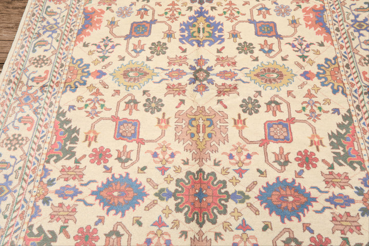 5x8 Ivory, Aqua, Lime Color Hand Knotted Oushak Wool Arts & Crafts Oriental Rug