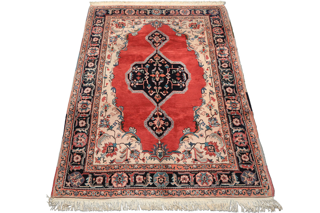 6x9 Ruby Red, Beige, Aqua Color Hand Knotted Indo Tabriz Wool Traditional Oriental Rug