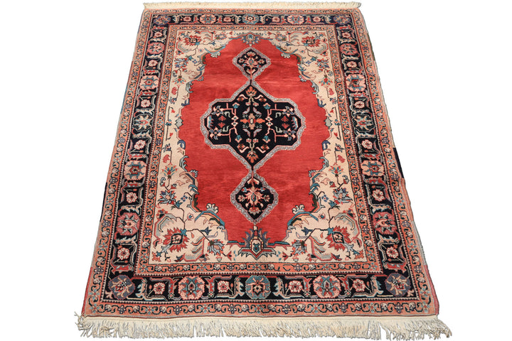 6x9 Ruby Red, Beige, Aqua Color Hand Knotted Indo Tabriz Wool Traditional Oriental Rug