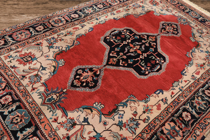 6x9 Ruby Red, Beige, Aqua Color Hand Knotted Indo Tabriz Wool Traditional Oriental Rug
