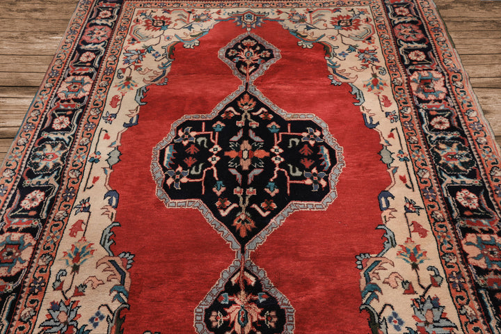 6x9 Ruby Red, Beige, Aqua Color Hand Knotted Indo Tabriz Wool Traditional Oriental Rug
