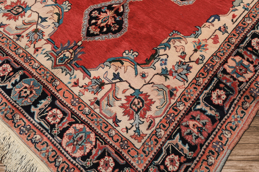 6x9 Ruby Red, Beige, Aqua Color Hand Knotted Indo Tabriz Wool Traditional Oriental Rug