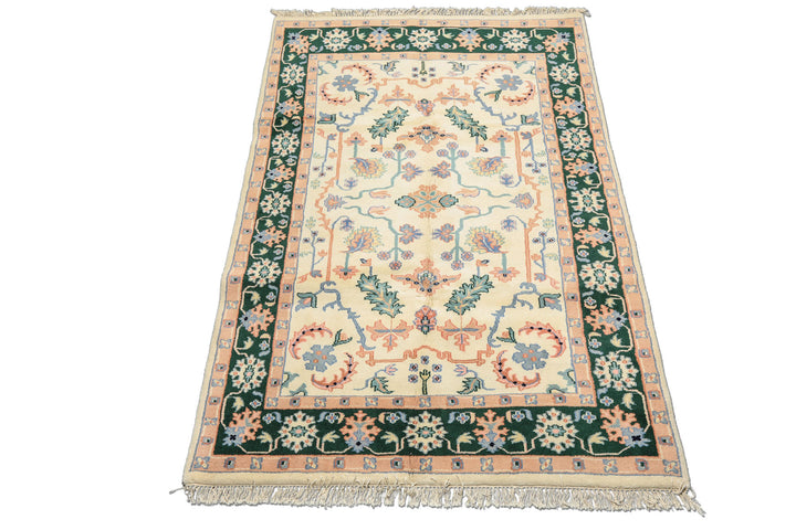 6x9 Ivory, Green, Peach Color Hand Knotted Indo Heriz Wool Traditional Oriental Rug