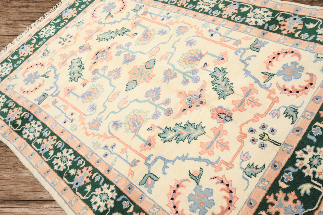 6x9 Ivory, Green, Peach Color Hand Knotted Indo Heriz Wool Traditional Oriental Rug