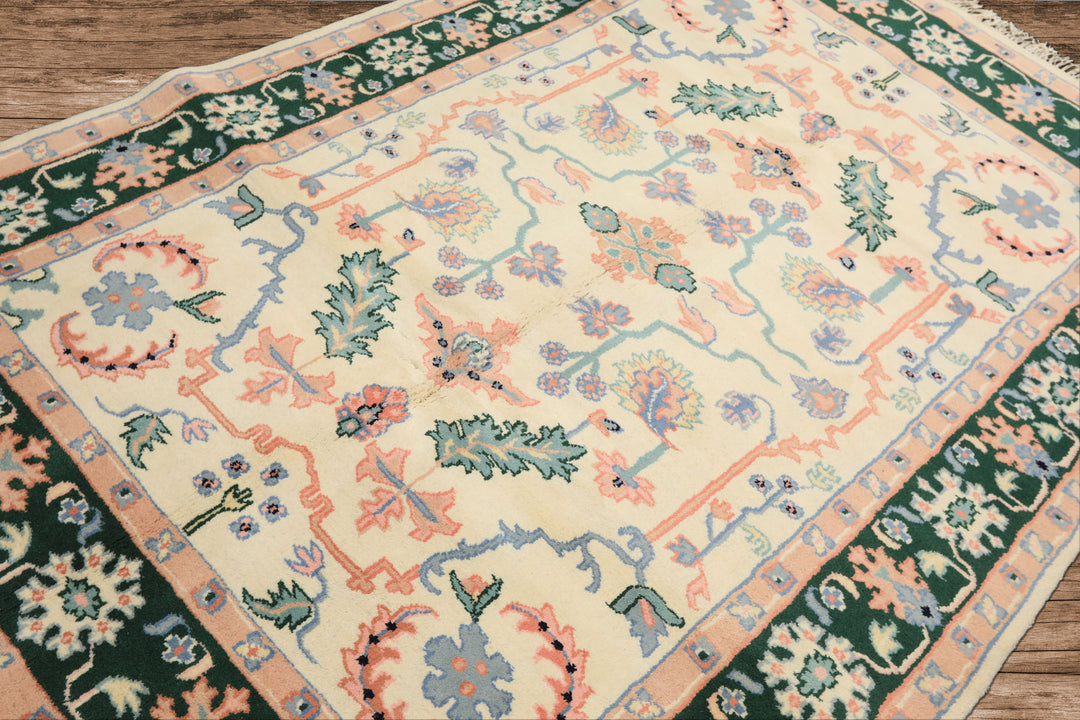 6x9 Ivory, Green, Peach Color Hand Knotted Indo Heriz Wool Traditional Oriental Rug