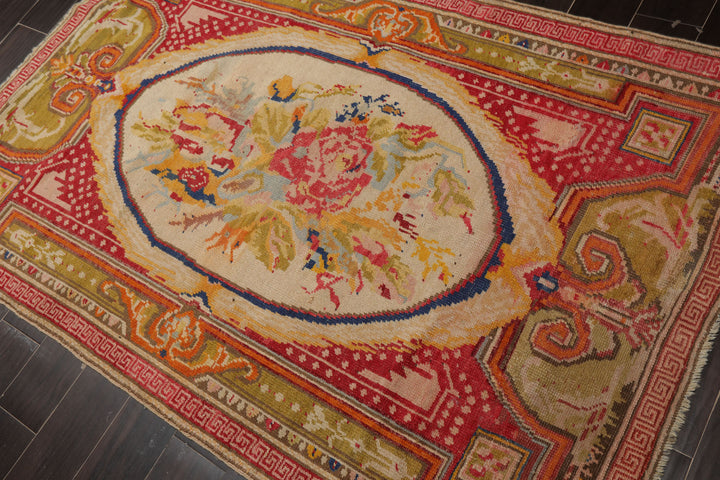 4x6 Ivory, Mint, Coral Color Hand Knotted Antique Oushak Wool Traditional Oriental Rug