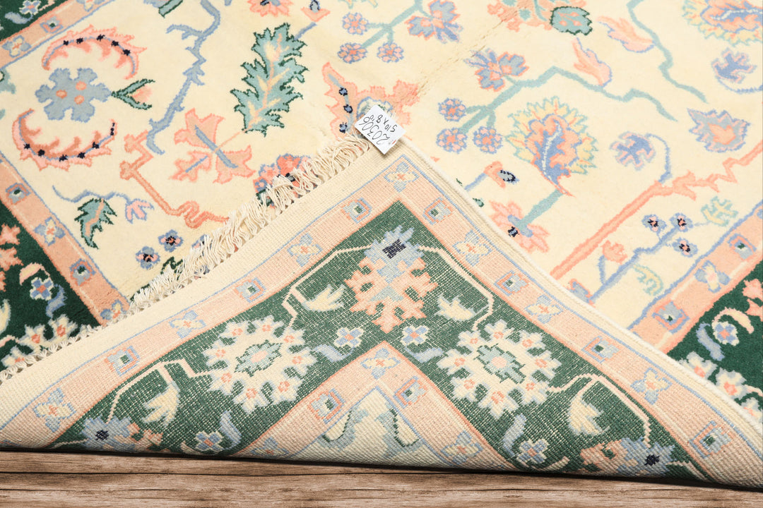 6x9 Ivory, Green, Peach Color Hand Knotted Indo Heriz Wool Traditional Oriental Rug