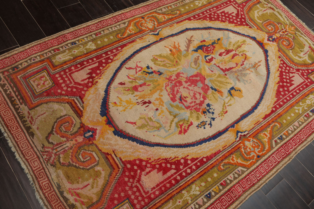 4x6 Ivory, Mint, Coral Color Hand Knotted Antique Oushak Wool Traditional Oriental Rug