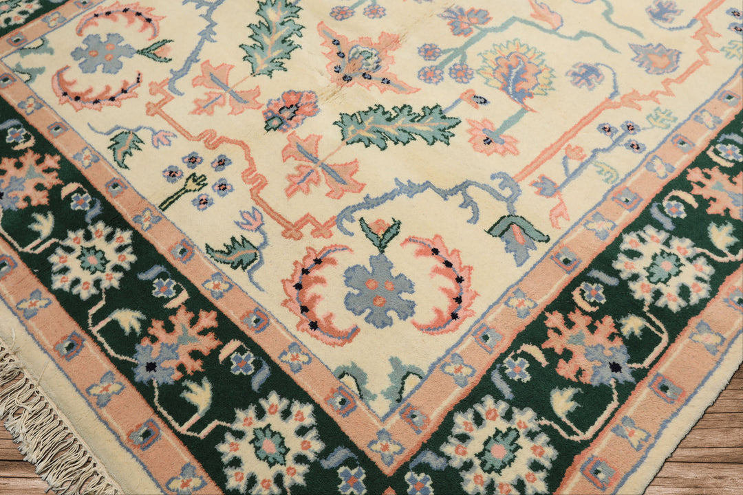 6x9 Ivory, Green, Peach Color Hand Knotted Indo Heriz Wool Traditional Oriental Rug