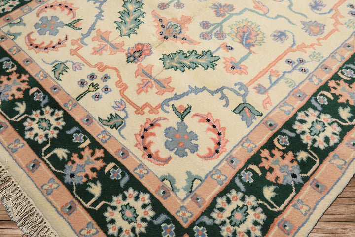6x9 Ivory, Green, Peach Color Hand Knotted Indo Heriz Wool Traditional Oriental Rug