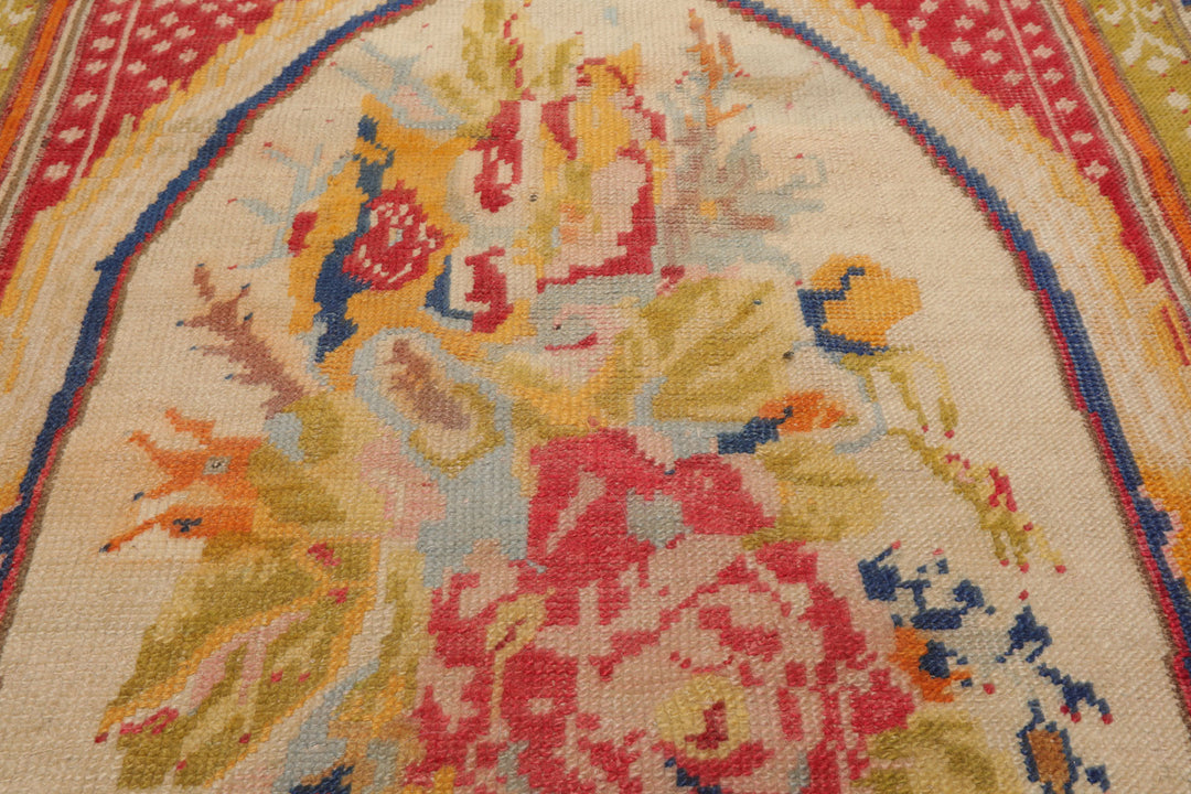 4x6 Ivory, Mint, Coral Color Hand Knotted Antique Oushak Wool Traditional Oriental Rug