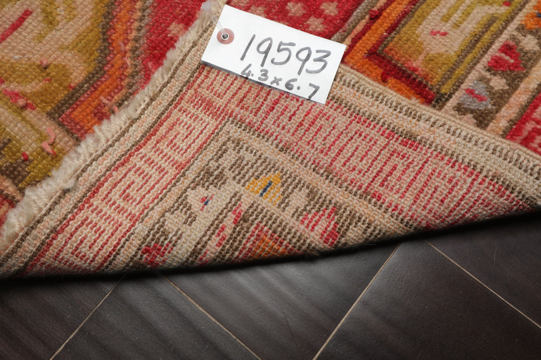 4x6 Ivory, Mint, Coral Color Hand Knotted Antique Oushak Wool Traditional Oriental Rug