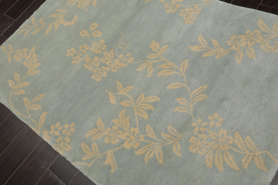4x6 Aqua, Ivory, Color Hand Knotted Tibetan Wool Transitional Oriental Rug