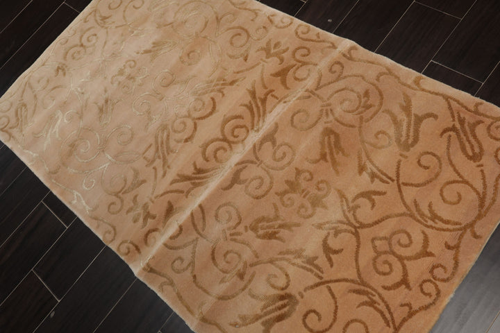 3x5 Tan, Light Peach, Color Hand Knotted Tibetan Wool & Silk Transitional Oriental Rug
