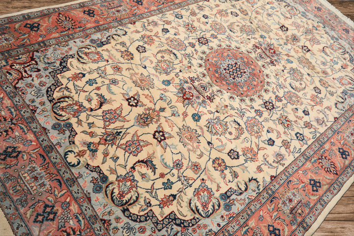 6x10 Ivory, Rose, Blue Color Hand Knotted Indo Tabriz New Zealand Wool Traditional Oriental Rug
