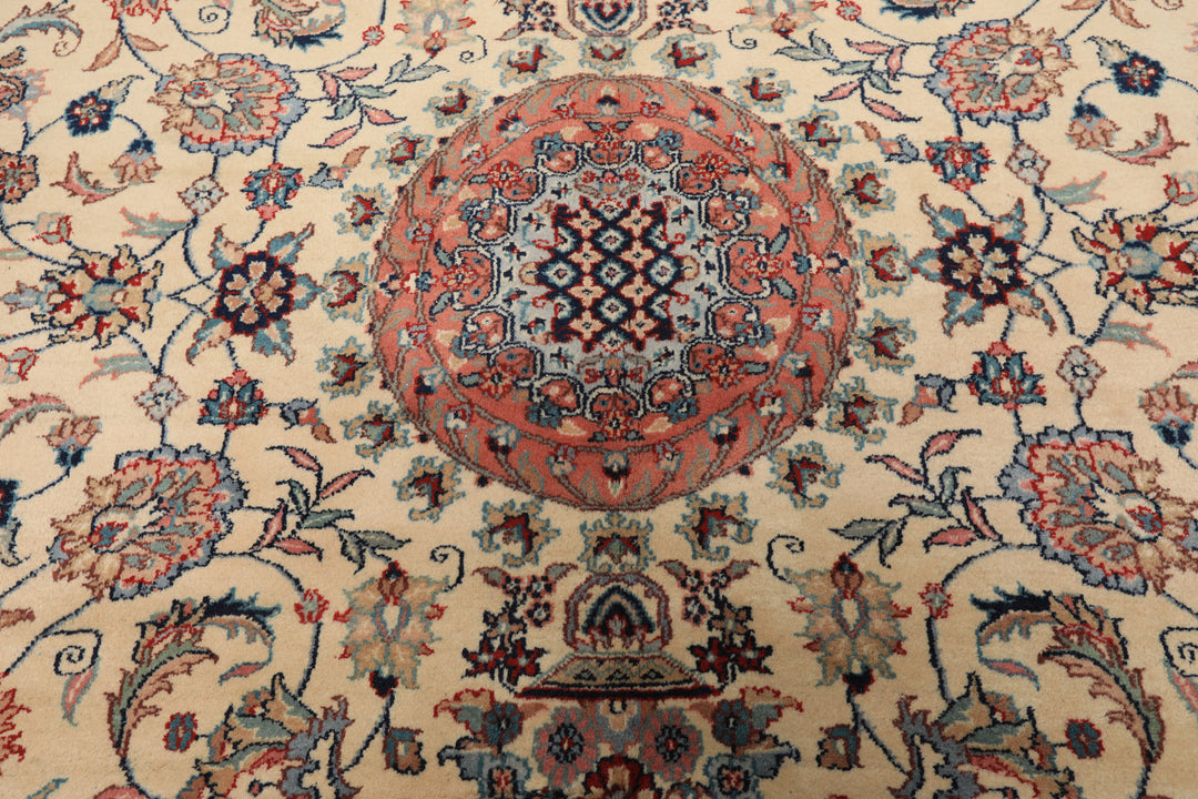 6x10 Ivory, Rose, Blue Color Hand Knotted Indo Tabriz New Zealand Wool Traditional Oriental Rug