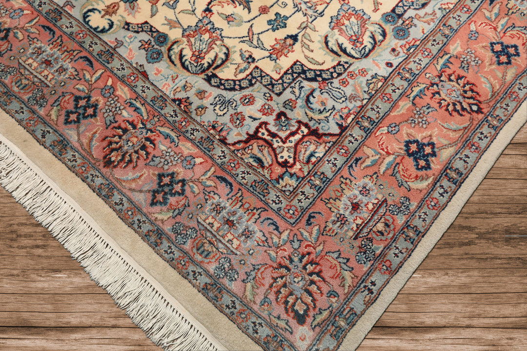 6x10 Ivory, Rose, Blue Color Hand Knotted Indo Tabriz New Zealand Wool Traditional Oriental Rug