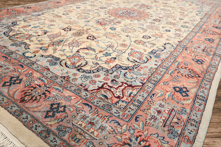 6x10 Ivory, Rose, Blue Color Hand Knotted Indo Tabriz New Zealand Wool Traditional Oriental Rug