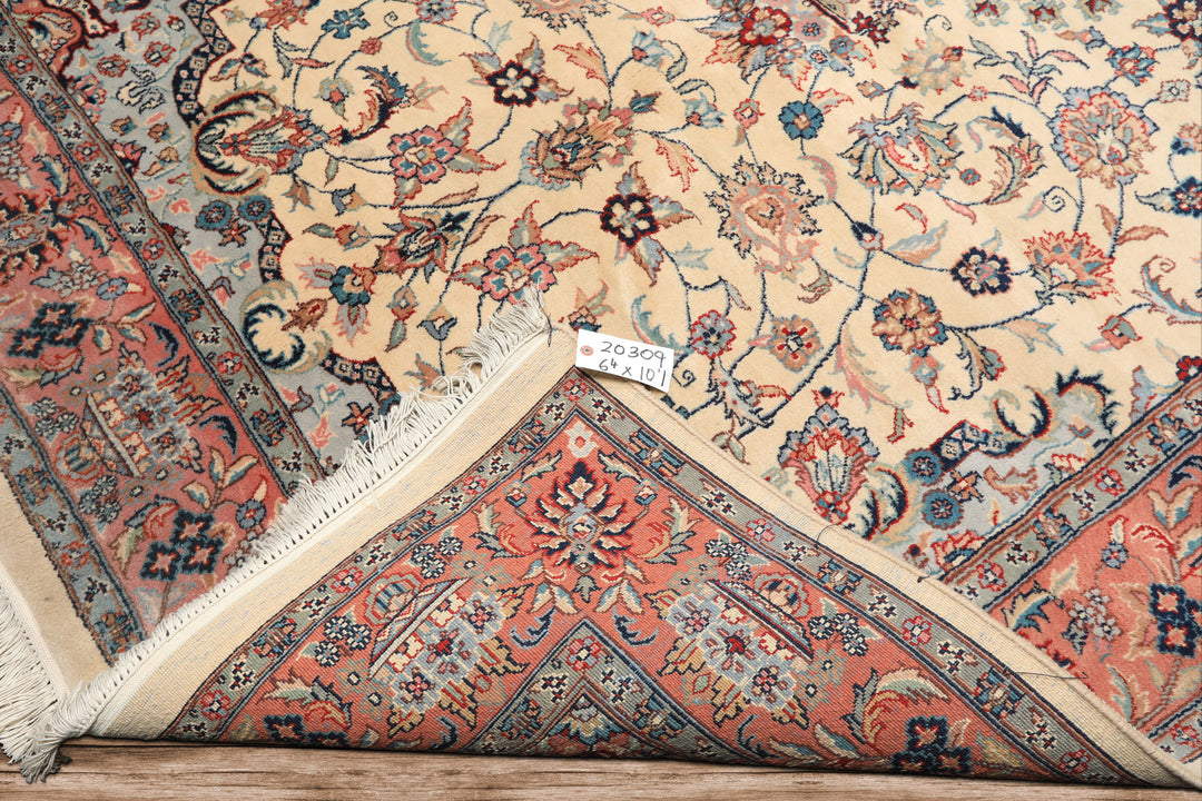 6x10 Ivory, Rose, Blue Color Hand Knotted Indo Tabriz New Zealand Wool Traditional Oriental Rug
