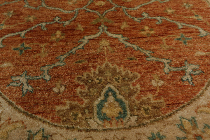 Round Burnt Orange, Beige, Turquoise Color Hand Knotted Agra New Zealand Wool Traditional Oriental Rug