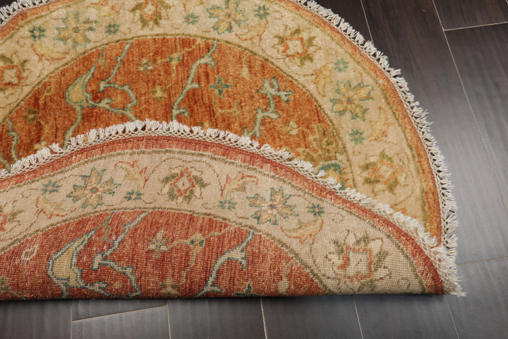 Round Burnt Orange, Beige, Turquoise Color Hand Knotted Agra New Zealand Wool Traditional Oriental Rug